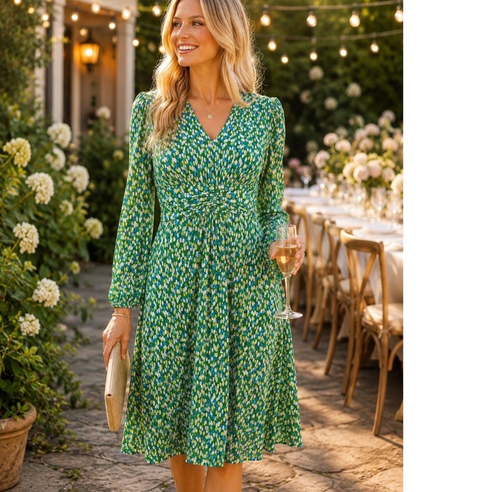 London TimesSz 8 Green Abstract Petal Print V-Neck Midi Dress Long cottagecore